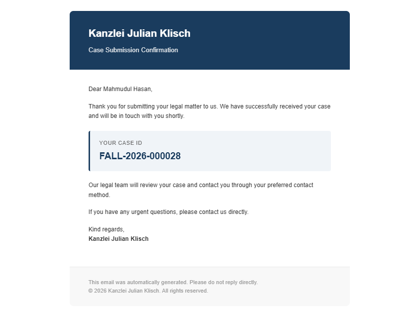 Client confirmation email (German example)