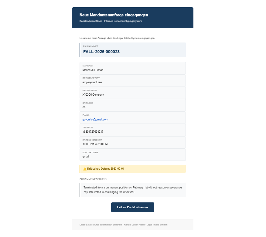 Lawyer notification email — full case details + portal link