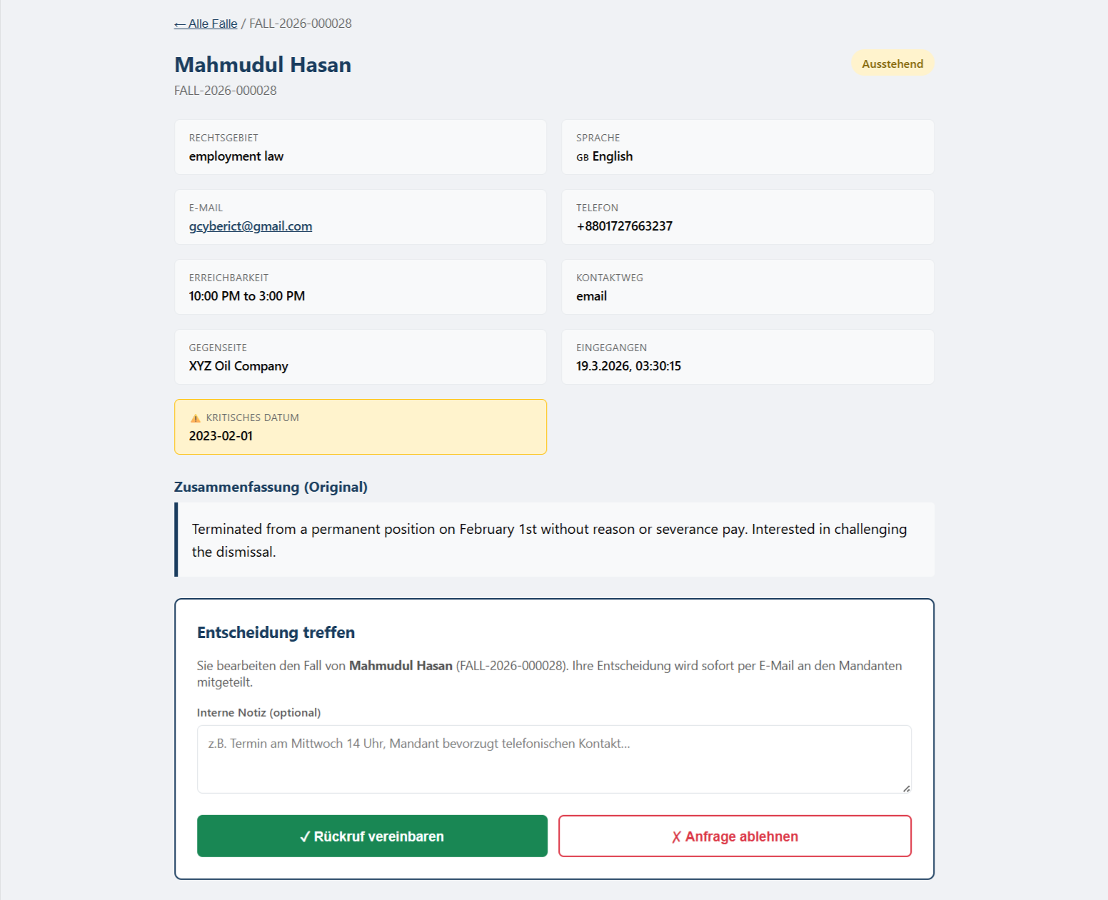 Case detail — full information and decision panel