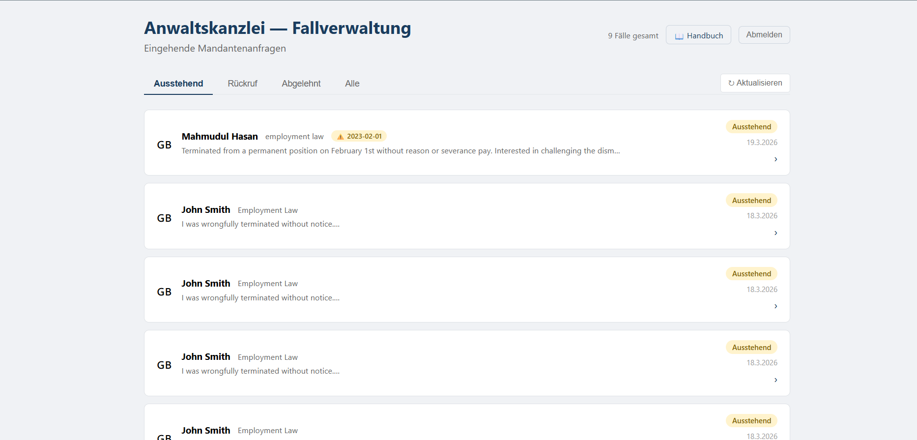 Lawyer portal — case list