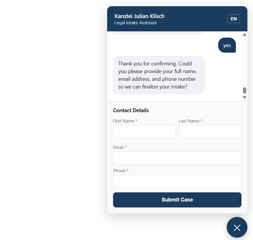 Contact form — name, email, phone