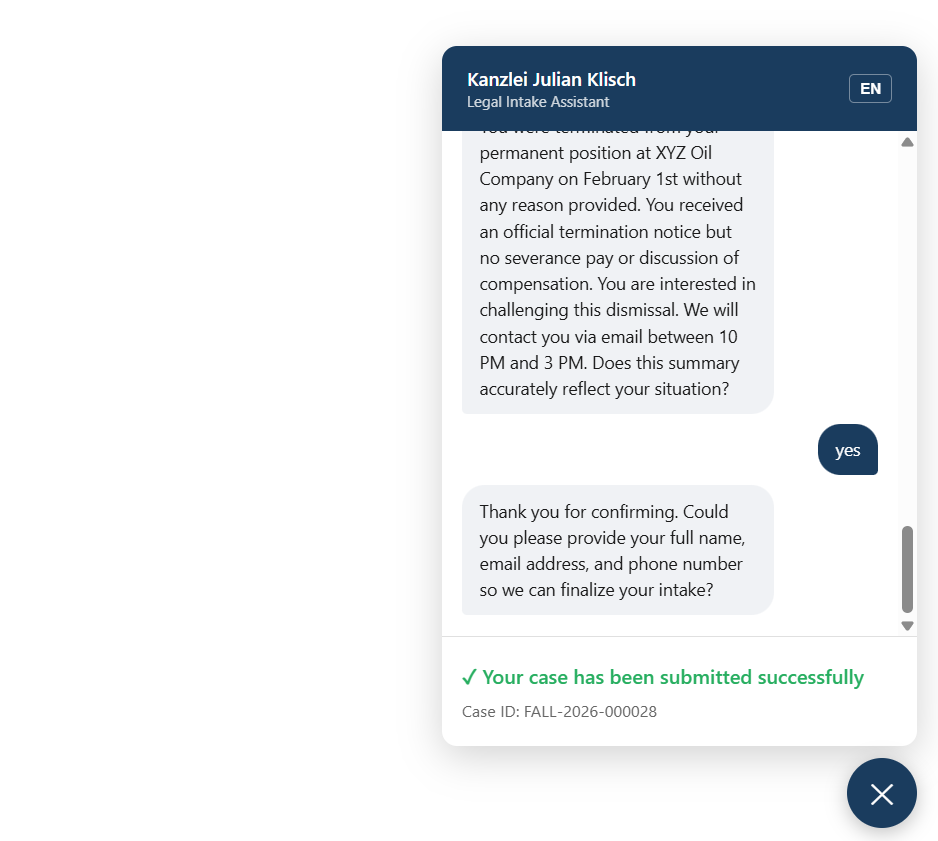 Submission success — Case ID shown
